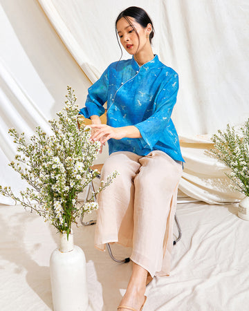 Crane Cheongsam Top (Turquoise)